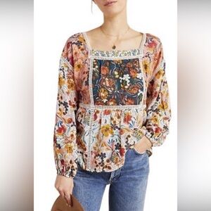 Maeve Anthropologie Cream Peplum Blouse with Puff Sleeves